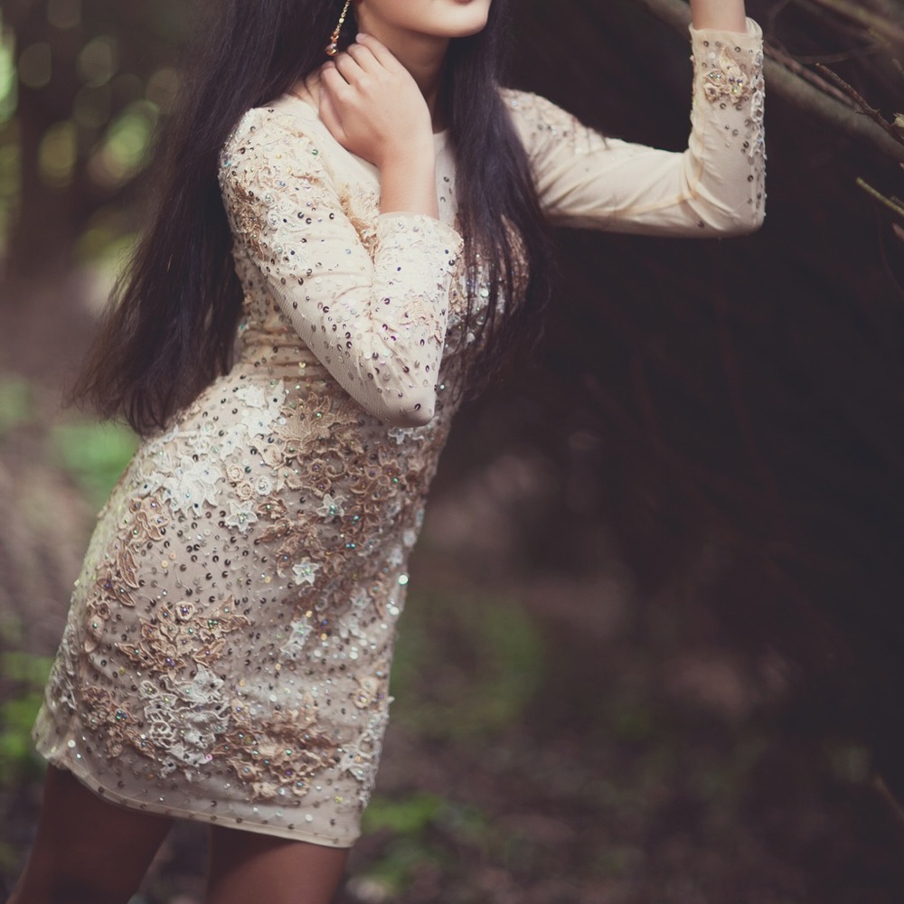 Jovani Tan/Cream Sequined Dress, Size 4- EUC